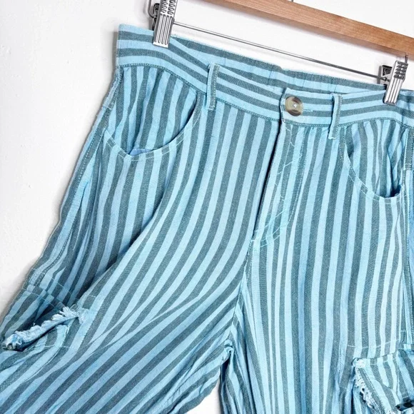 Urban Outfitters Alexandra Blue Green Striped Linen Cargo Pants Size Small - Picture 10 of 13